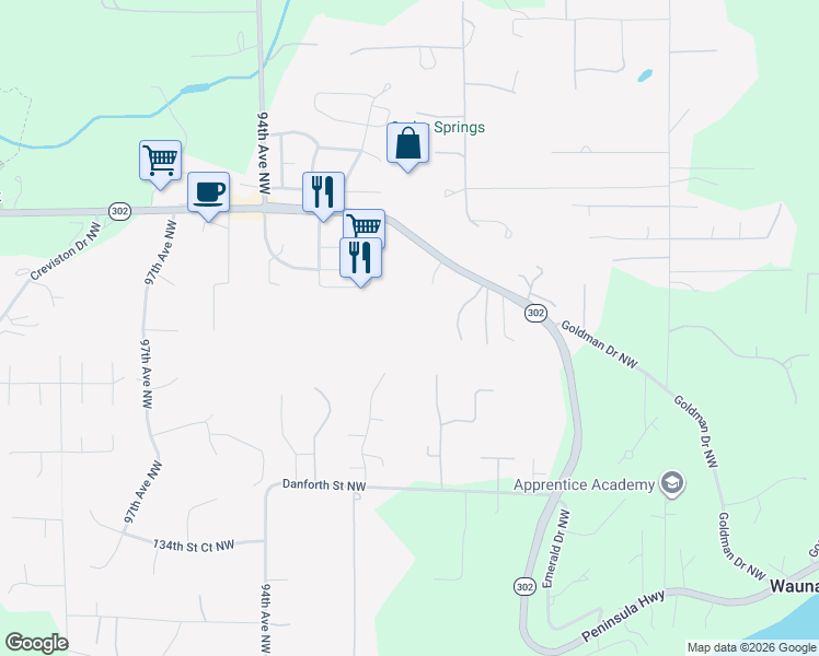 map of restaurants, bars, coffee shops, grocery stores, and more near 8920 Washington 302 in Gig Harbor