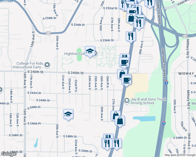map of restaurants, bars, coffee shops, grocery stores, and more near 2509 South 240th Street in Seattle