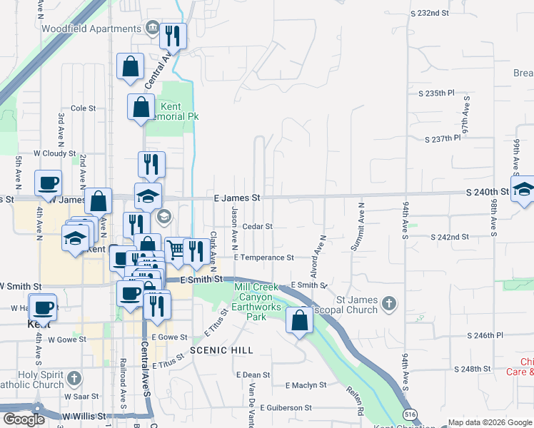 map of restaurants, bars, coffee shops, grocery stores, and more near 515 Hazel Avenue North in Kent