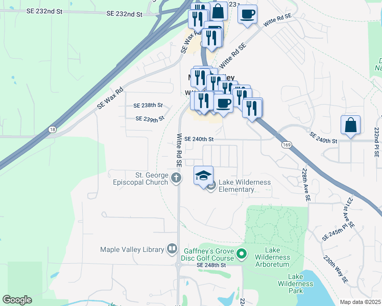 map of restaurants, bars, coffee shops, grocery stores, and more near 22021 Southeast 240th Place in Maple Valley