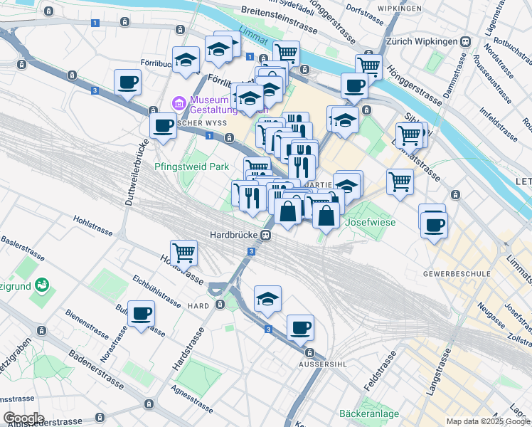 map of restaurants, bars, coffee shops, grocery stores, and more near 201 Hardstrasse in Zürich