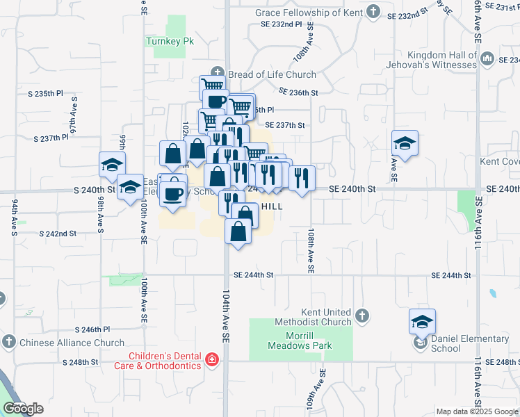 map of restaurants, bars, coffee shops, grocery stores, and more near 24046 104th Avenue Southeast in Kent