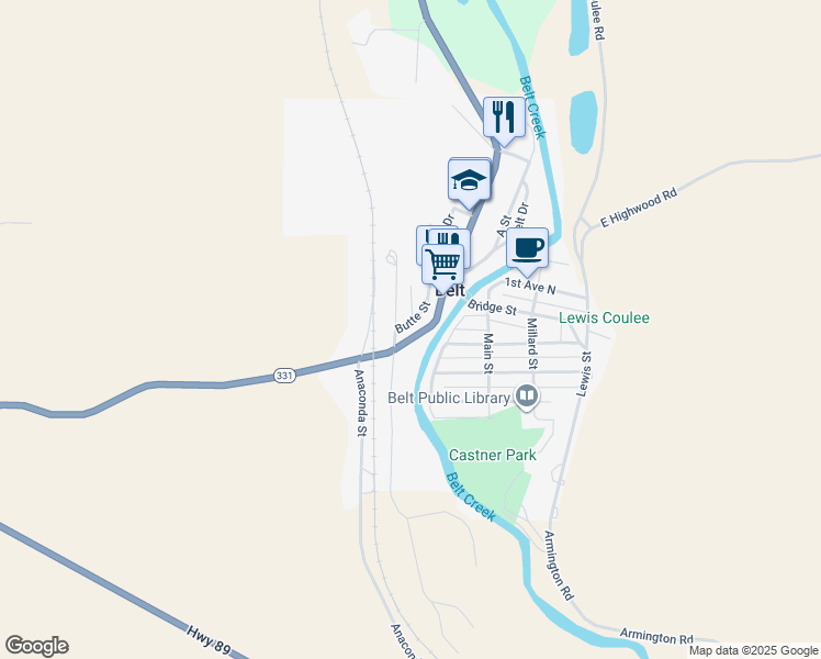map of restaurants, bars, coffee shops, grocery stores, and more near 14-22 5th St N in Belt