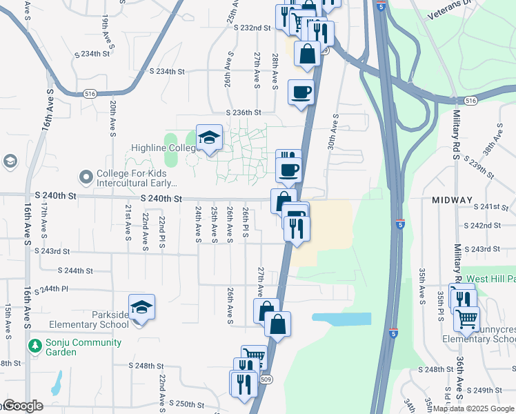 map of restaurants, bars, coffee shops, grocery stores, and more near 24005 27th Avenue South in Seattle