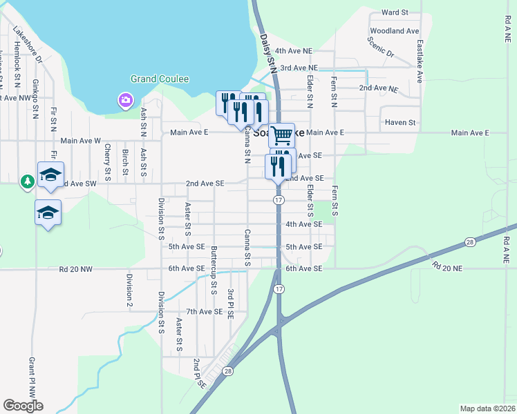 map of restaurants, bars, coffee shops, grocery stores, and more near 323 3rd Avenue Southeast in Soap Lake