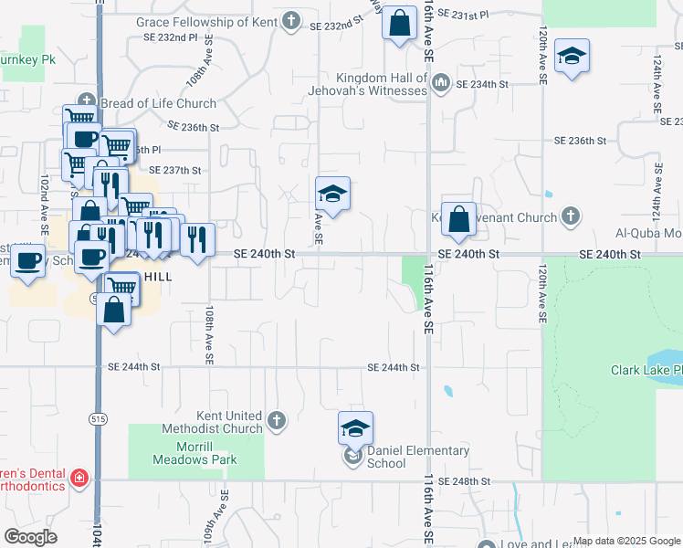 map of restaurants, bars, coffee shops, grocery stores, and more near 11212 Southeast 240th Place in Kent