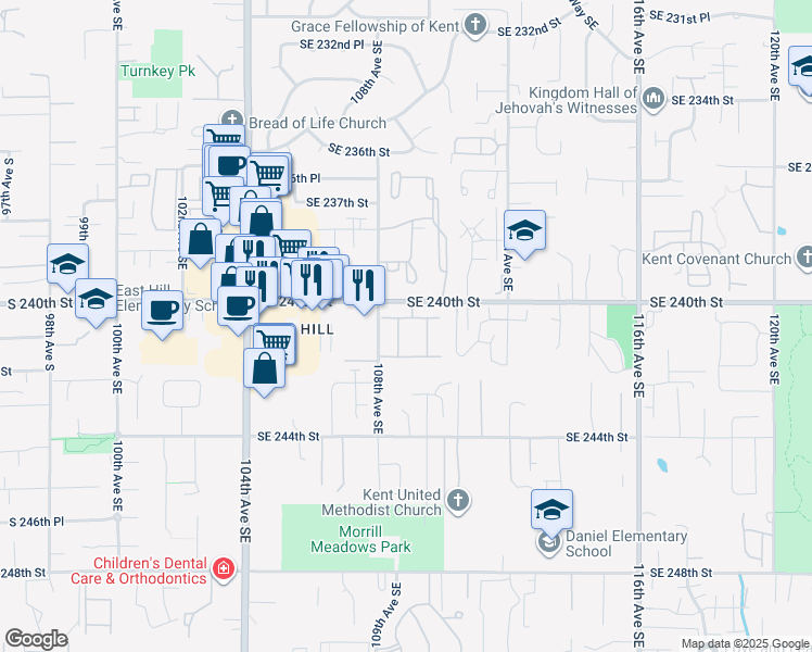 map of restaurants, bars, coffee shops, grocery stores, and more near 10818 Southeast 240th Place in Kent
