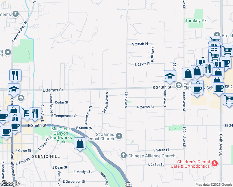 map of restaurants, bars, coffee shops, grocery stores, and more near 1320 East James Street in Kent