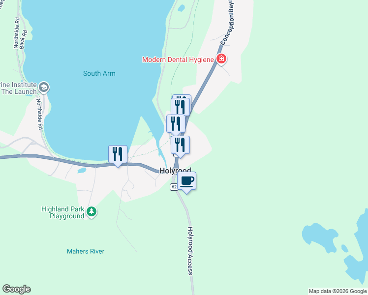 map of restaurants, bars, coffee shops, grocery stores, and more near 421 Newfoundland and Labrador 60 in Holyrood