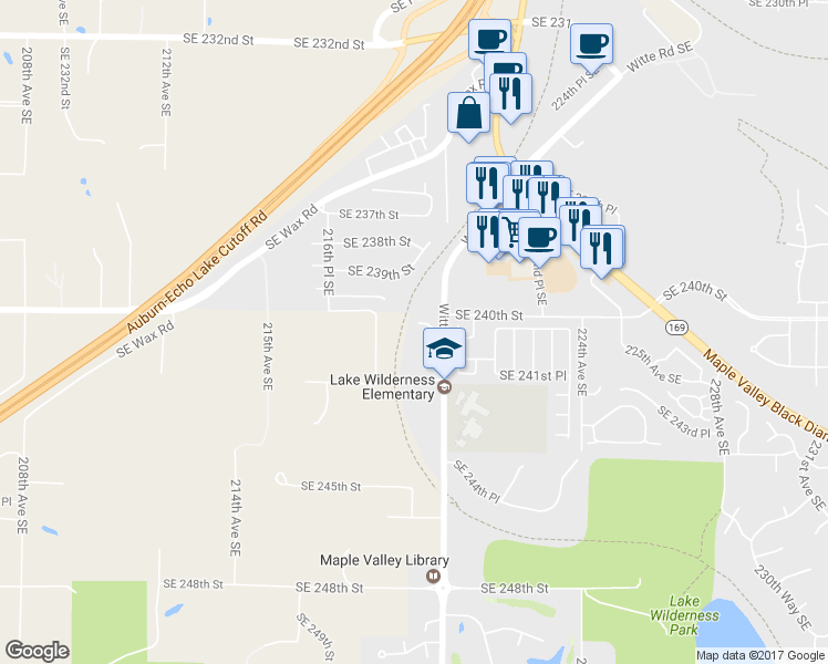 map of restaurants, bars, coffee shops, grocery stores, and more near 24021 Witte Road Southeast in Maple Valley