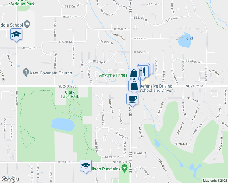 map of restaurants, bars, coffee shops, grocery stores, and more near 13101 Southeast 240th Street in Kent