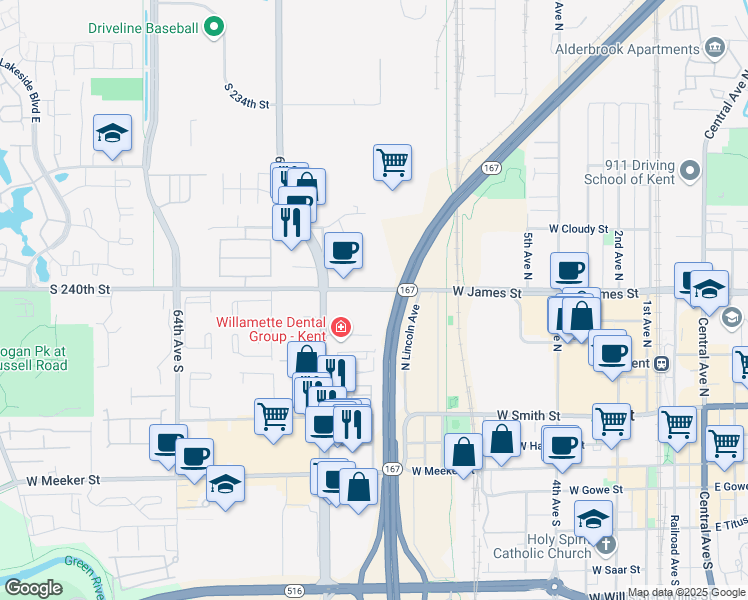 map of restaurants, bars, coffee shops, grocery stores, and more near 1040 West James Street in Kent