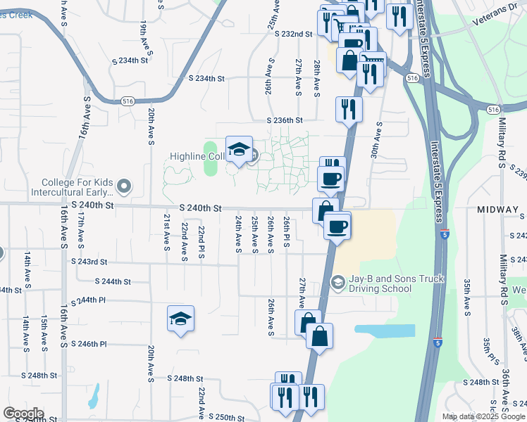 map of restaurants, bars, coffee shops, grocery stores, and more near 2509 South 240th Street in Seattle