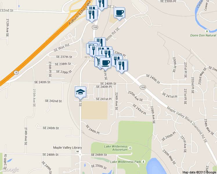 map of restaurants, bars, coffee shops, grocery stores, and more near 26933 223rd Lane Southeast in Maple Valley