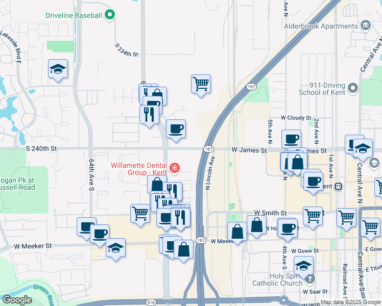 map of restaurants, bars, coffee shops, grocery stores, and more near 1040 West James Street in Kent