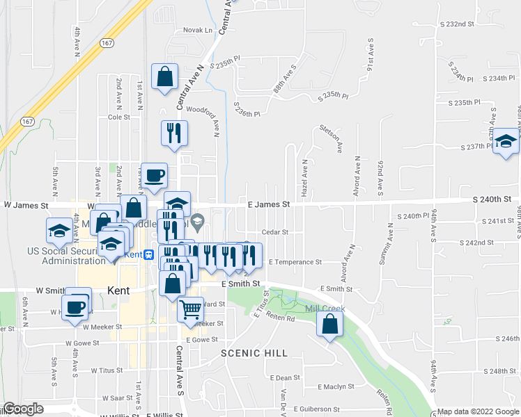 map of restaurants, bars, coffee shops, grocery stores, and more near 615 Jason Avenue North in Kent