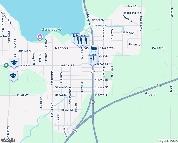 map of restaurants, bars, coffee shops, grocery stores, and more near 323 3rd Ave SE in Soap Lake