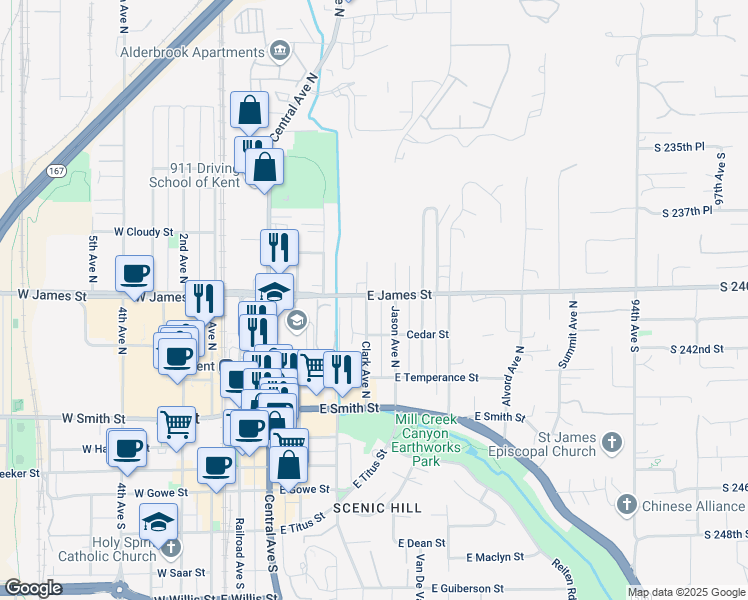 map of restaurants, bars, coffee shops, grocery stores, and more near 615 Jason Avenue North in Kent