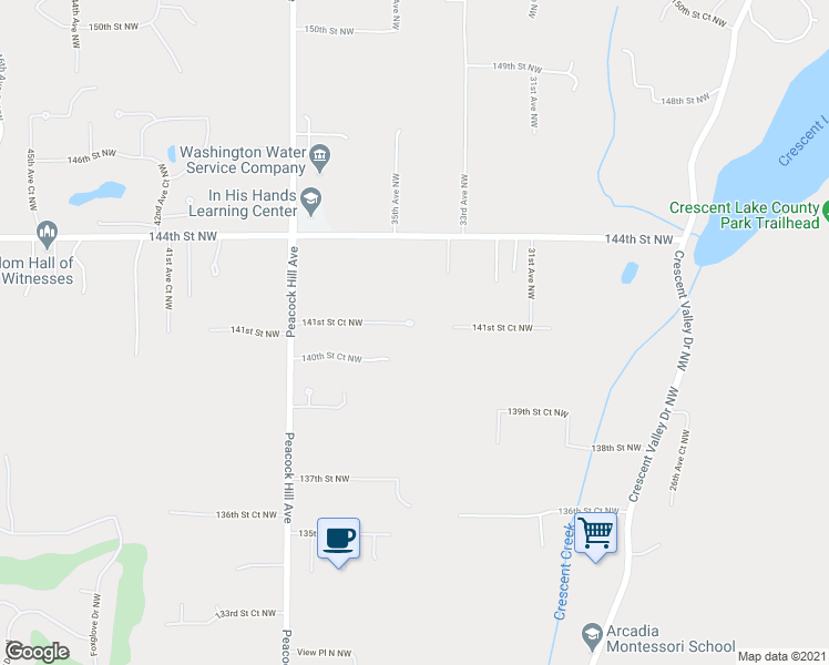map of restaurants, bars, coffee shops, grocery stores, and more near 3412 141st Street Court Northwest in Gig Harbor