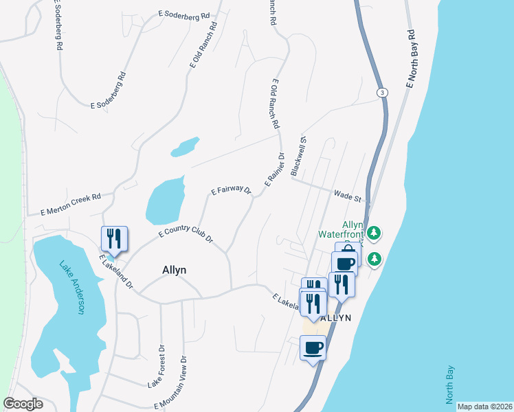 map of restaurants, bars, coffee shops, grocery stores, and more near 180 East Fairway Drive in Allyn-Grapeview