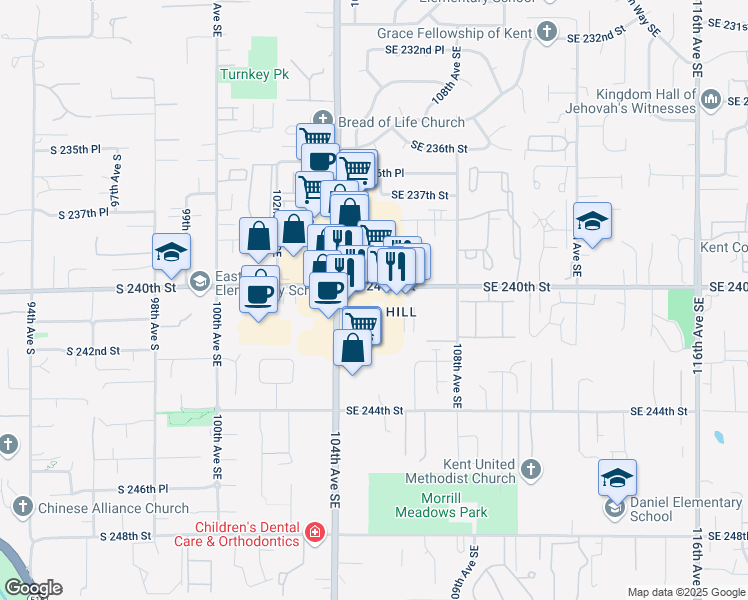 map of restaurants, bars, coffee shops, grocery stores, and more near 24046 104th Avenue Southeast in Kent