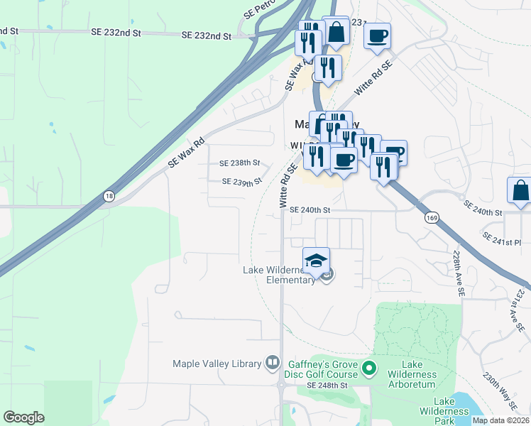 map of restaurants, bars, coffee shops, grocery stores, and more near 24021 Witte Road Southeast in Maple Valley