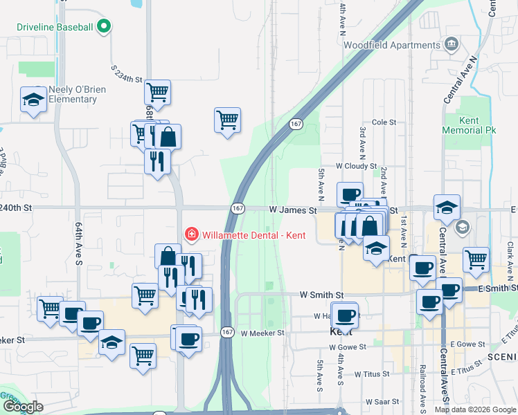 map of restaurants, bars, coffee shops, grocery stores, and more near 800 West James Street in Kent