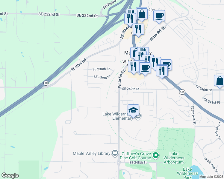 map of restaurants, bars, coffee shops, grocery stores, and more near 24021 Witte Road Southeast in Maple Valley