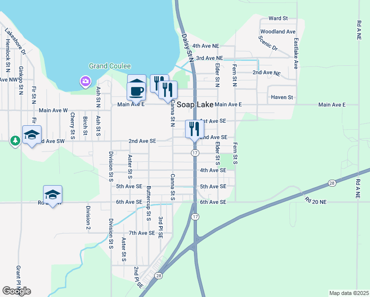 map of restaurants, bars, coffee shops, grocery stores, and more near 323 3rd Avenue Southeast in Soap Lake
