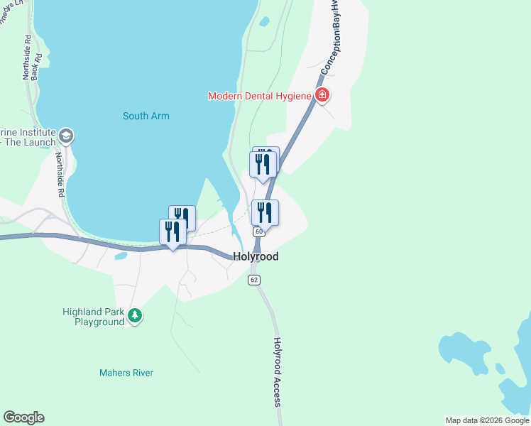 map of restaurants, bars, coffee shops, grocery stores, and more near 421 Newfoundland and Labrador 60 in Holyrood