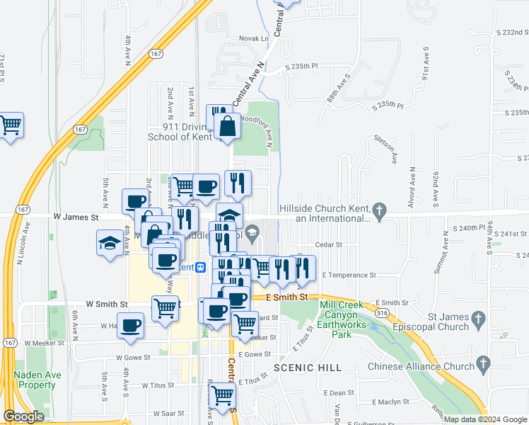 map of restaurants, bars, coffee shops, grocery stores, and more near 703 Woodford Avenue North in Kent