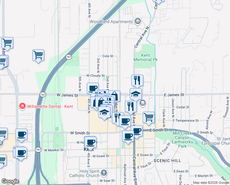 map of restaurants, bars, coffee shops, grocery stores, and more near 209 West James Street in Kent