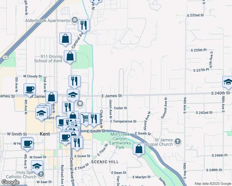 map of restaurants, bars, coffee shops, grocery stores, and more near 806 Prospect Avenue North in Kent