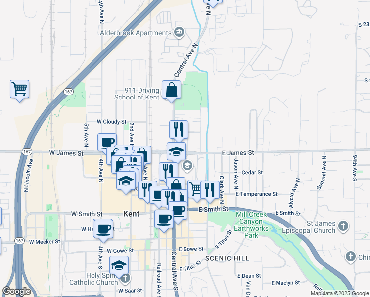 map of restaurants, bars, coffee shops, grocery stores, and more near 620 Central Avenue North in Kent