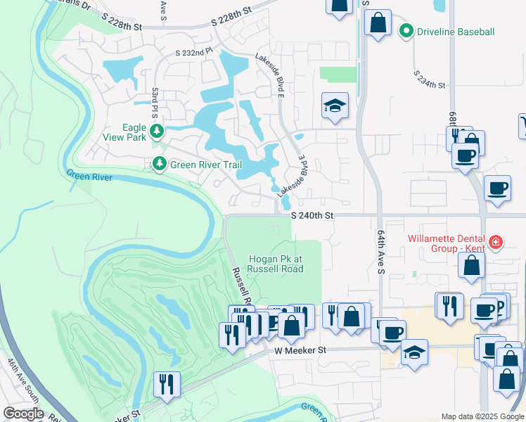 map of restaurants, bars, coffee shops, grocery stores, and more near 5821 South 240th Street in Kent