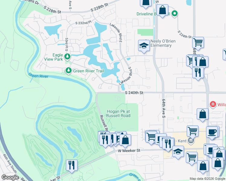 map of restaurants, bars, coffee shops, grocery stores, and more near 5821 South 240th Street in Kent