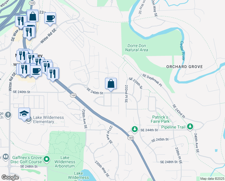 map of restaurants, bars, coffee shops, grocery stores, and more near 23101 Southeast 239th Place in Maple Valley