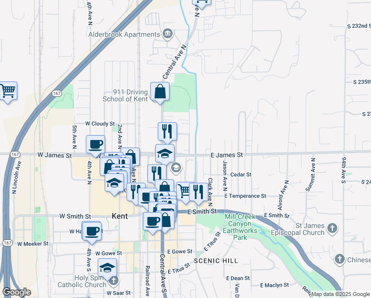 map of restaurants, bars, coffee shops, grocery stores, and more near 703 Woodford Avenue North in Kent