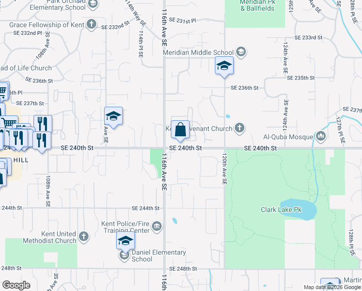 map of restaurants, bars, coffee shops, grocery stores, and more near 11644 Southeast 240th Street in Kent
