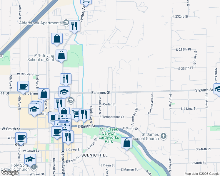 map of restaurants, bars, coffee shops, grocery stores, and more near 806 Prospect Avenue North in Kent