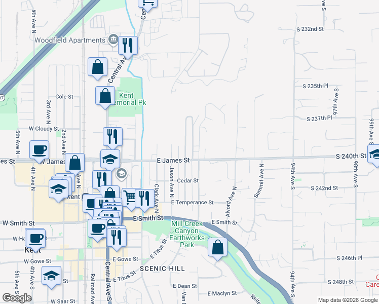 map of restaurants, bars, coffee shops, grocery stores, and more near 806 Prospect Avenue North in Kent