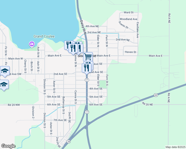 map of restaurants, bars, coffee shops, grocery stores, and more near 417 3rd Avenue Southeast in Soap Lake