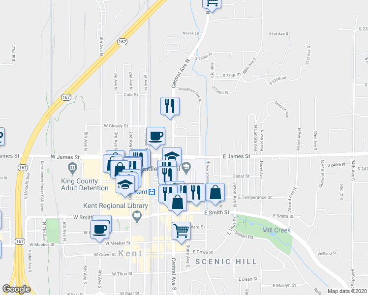 map of restaurants, bars, coffee shops, grocery stores, and more near 620 Central Avenue North in Kent