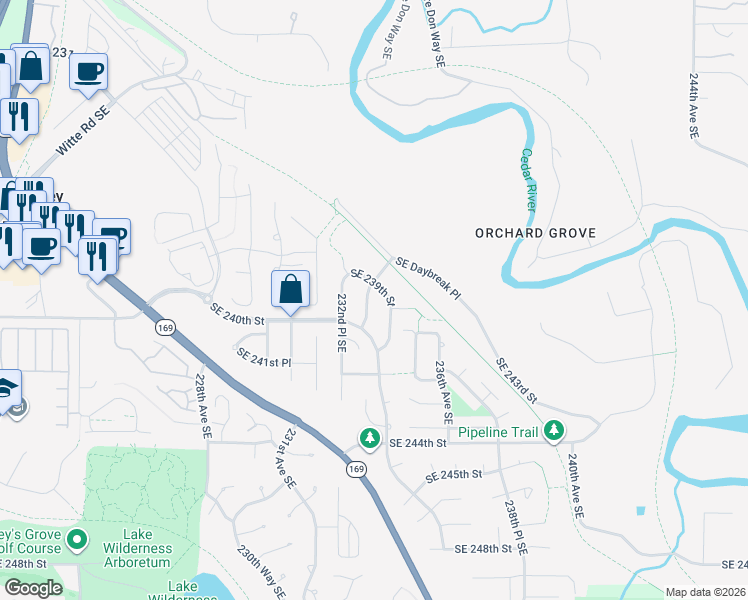 map of restaurants, bars, coffee shops, grocery stores, and more near 23306 Southeast 239th Street in Maple Valley