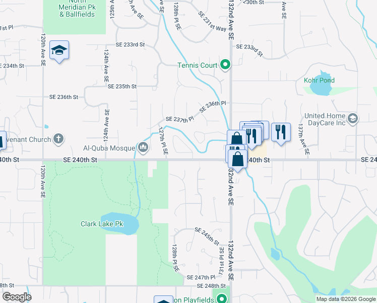 map of restaurants, bars, coffee shops, grocery stores, and more near 12920 Southeast 240th Street in Kent