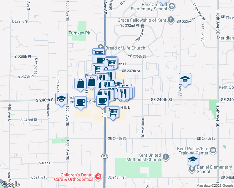 map of restaurants, bars, coffee shops, grocery stores, and more near 23910 104th Avenue Southeast in Kent