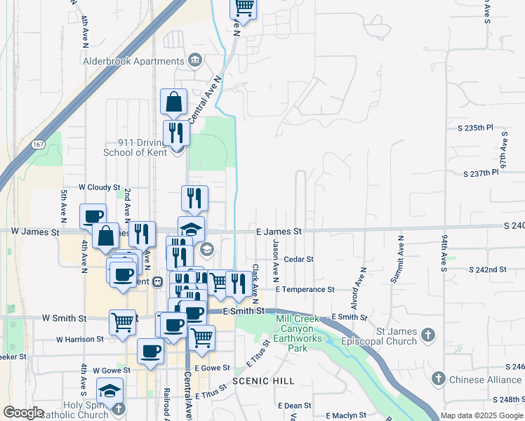 map of restaurants, bars, coffee shops, grocery stores, and more near 731 Jason Avenue North in Kent