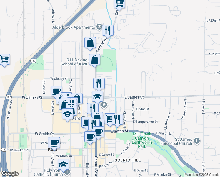 map of restaurants, bars, coffee shops, grocery stores, and more near 729 Woodford Avenue North in Kent