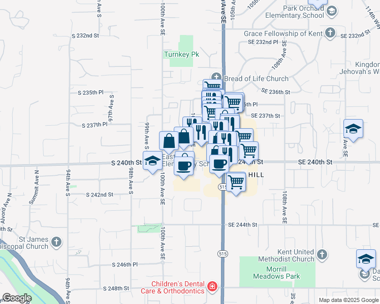 map of restaurants, bars, coffee shops, grocery stores, and more near 23920 102nd Avenue Southeast in Kent