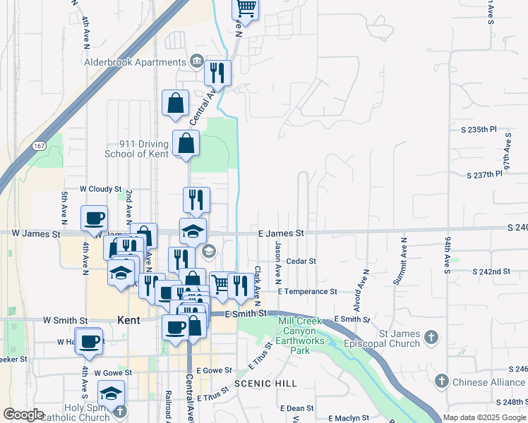map of restaurants, bars, coffee shops, grocery stores, and more near 731 Jason Avenue North in Kent